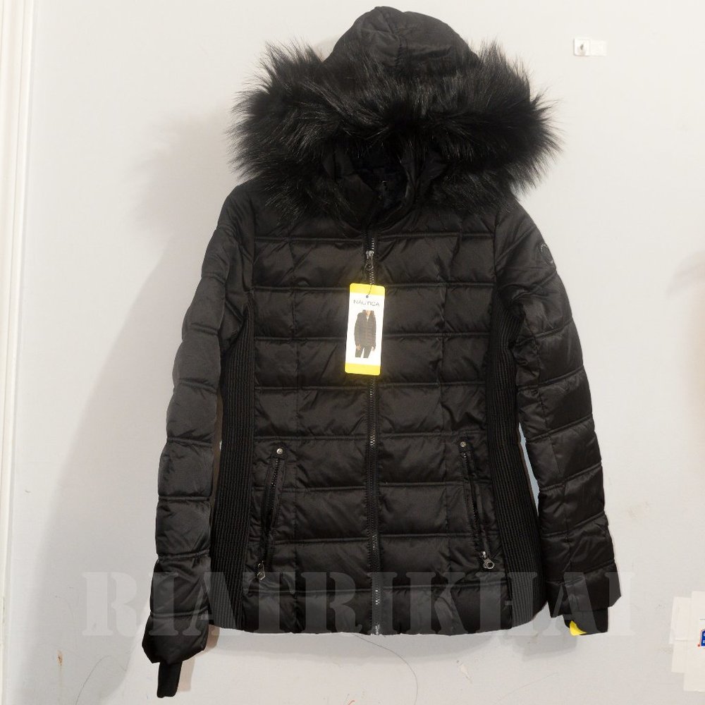 Nautica Womens Faux Fur Trim Hooded Midweight Puffer Jacket BLACK - Picture 2 of 12
